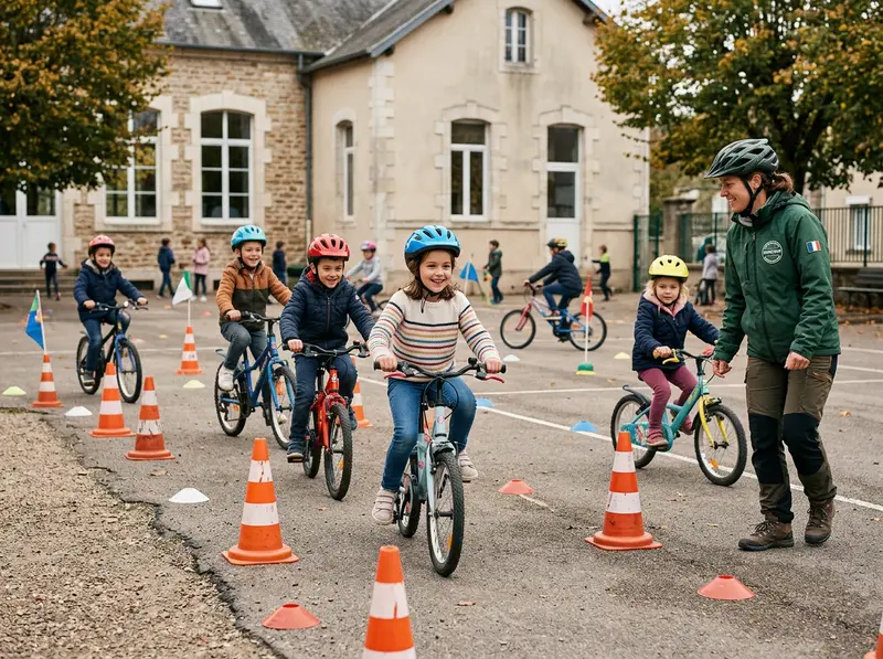 Des enfants casqués apprennent à rouler à vélo dans une cour d’école avec un moniteur.