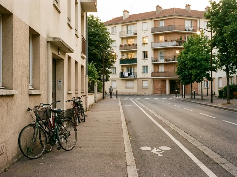 Rue résidentielle calme de Romainville avec des vélos et une bande cyclable, logements modestes.