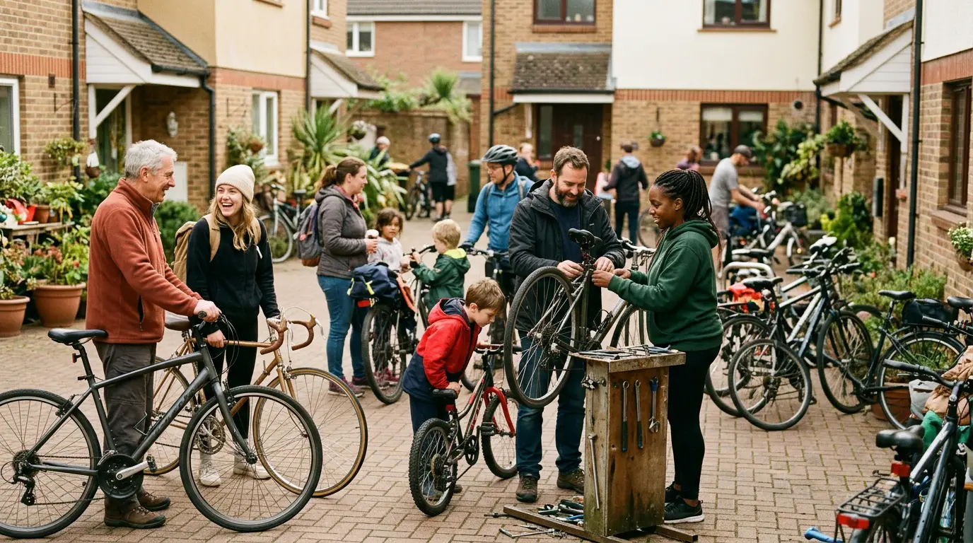 Petit groupe d’âges mêlés rassemblé autour de vélos et d’un pied de réparation lors d’une journée de quartier.