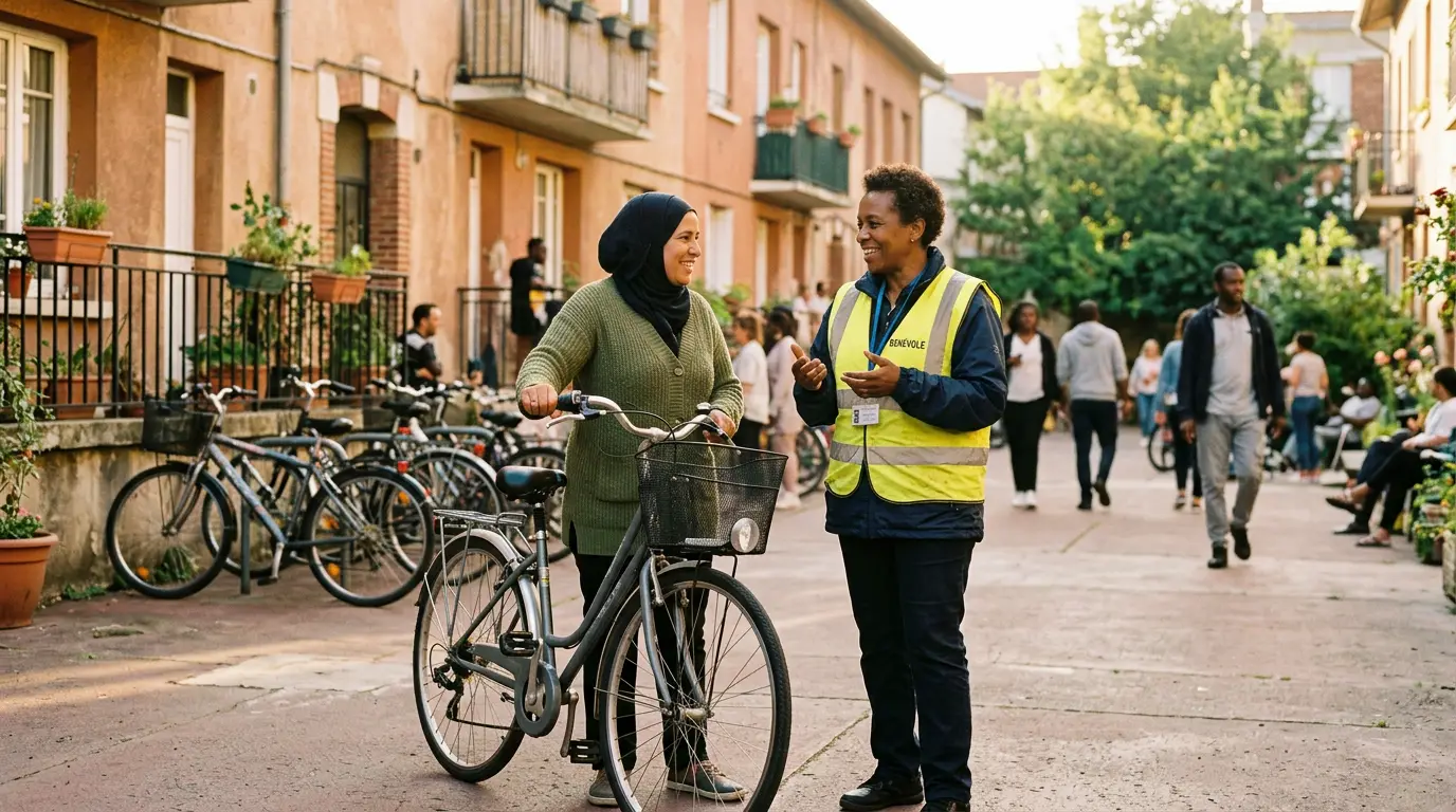 Un moniteur en gilet aide un adulte débutant avec son vélo dans une cour de quartier ensoleillée à Romainville.