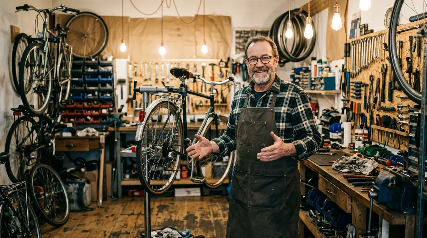 Un mécanicien en tablier accueille sur le pas de la porte d’un atelier vélo de quartier.