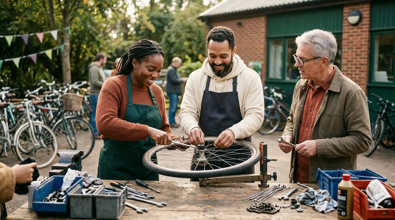 Des bénévoles réparent ensemble des vélos d’occasion à une table en extérieur, esprit solidaire.