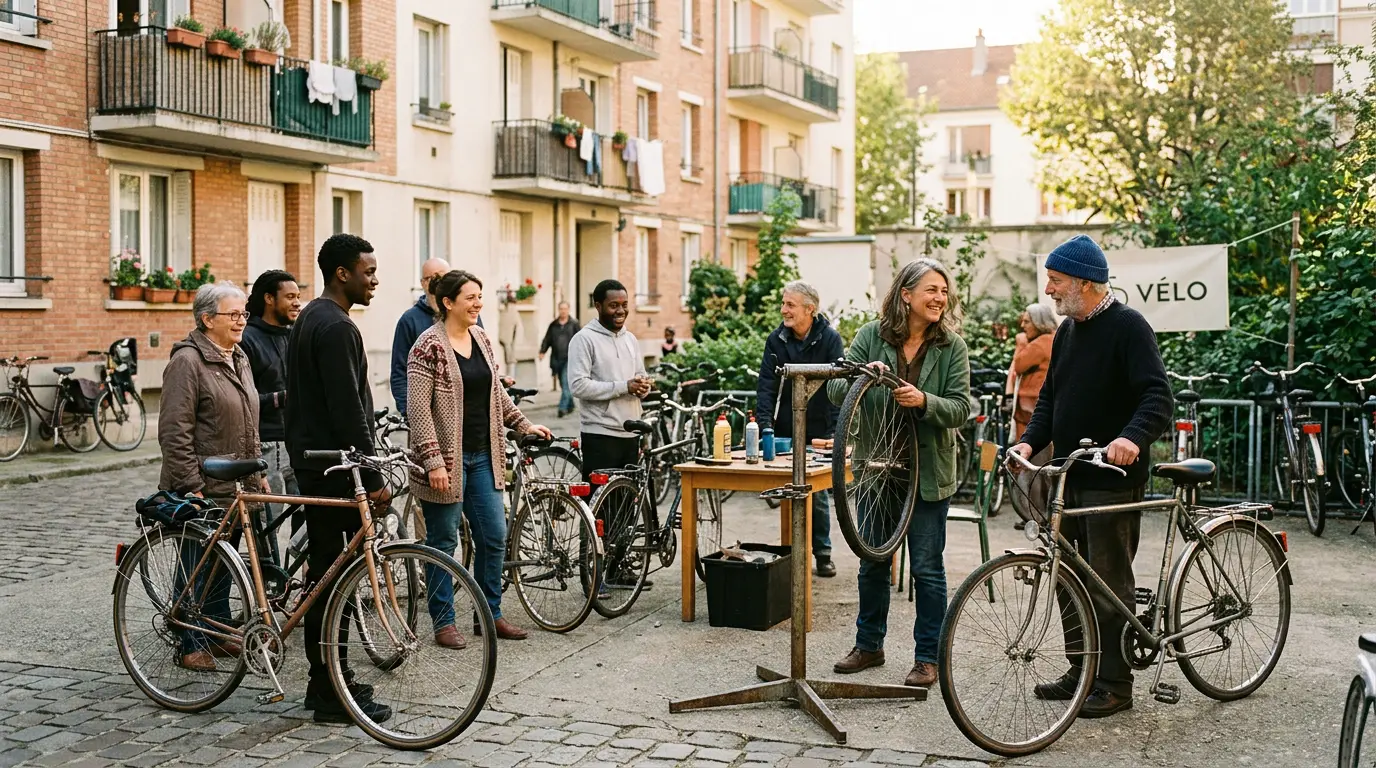Un petit groupe d’habitant·es de tous âges échange autour de vélos dans une cour de quartier.